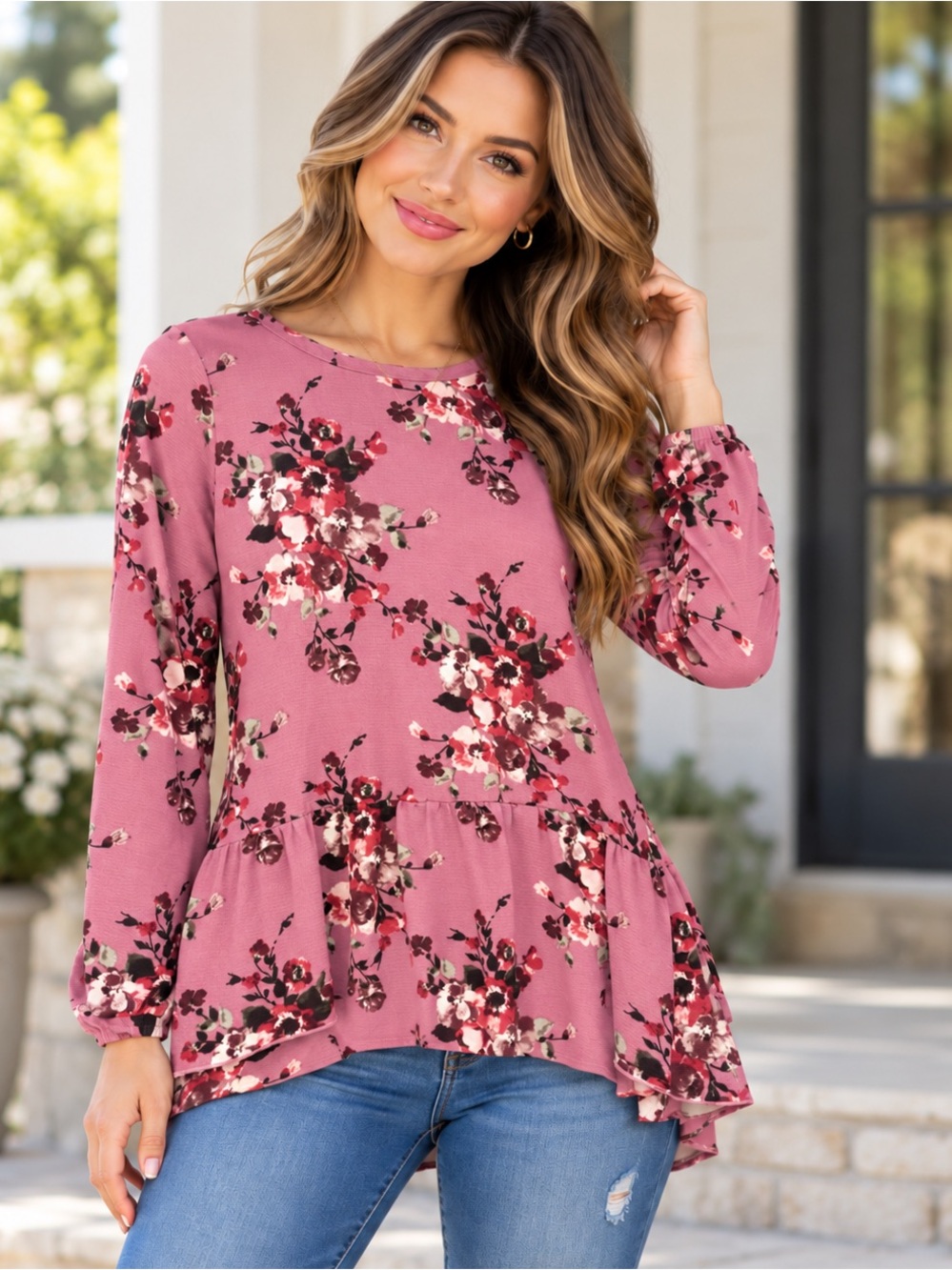 Mimi & Daphne Romantic Floral Long Sleeve Ruffle Peplum Top Size Small